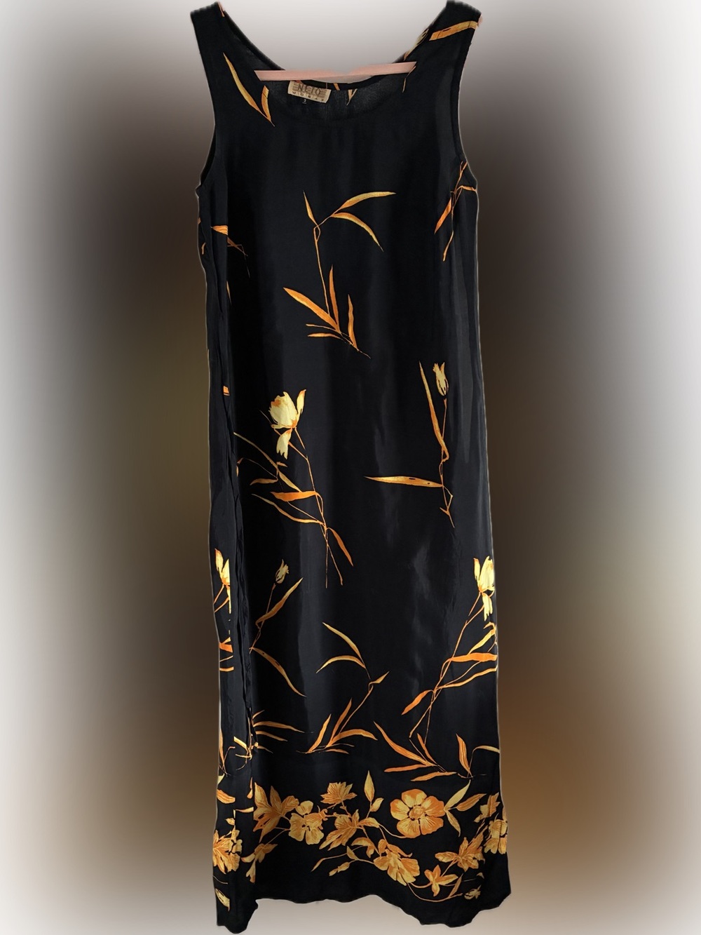 Vintage Cotton Black Maxi Sleeveless  Dress with Orange Yellow Floral Print